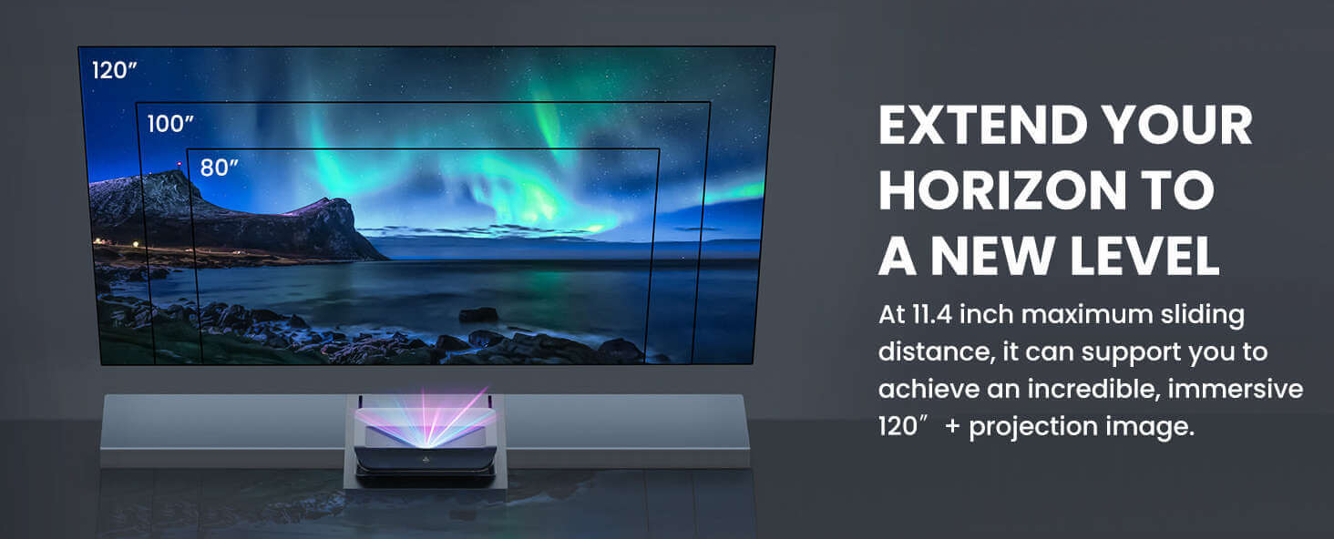 Awol Vision IC-A120 Auto Extendable Shelf | Élargissez votre horizon à un nouveau niveau | Avec une distance de glissement maximale de 36,6 pouces, il vous permet d'obtenir une image de projection incroyable et immersive de 120 pouces et plus.