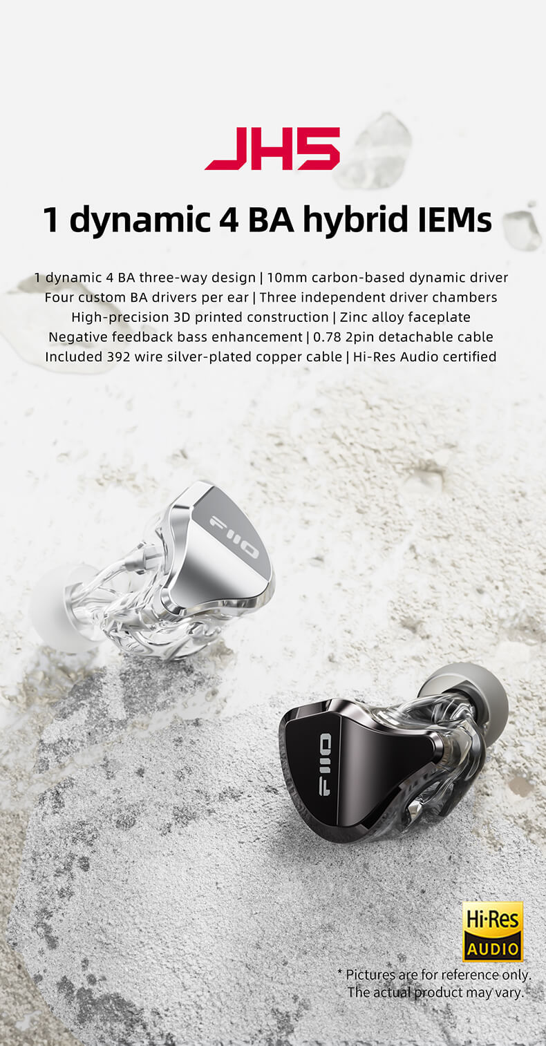 FiiO JH5 | IEMs hybrides 1 dynamique 4 BA | 1 dynamique 4 BA design three-way | 10mm carbon-based dynamic driver Four custom BA drivers per ear | Three independent driver chambers | High-precision 3D printed construction | Zinc alloy faceplate Negative feedback bass enhancement | 0.78 2pin detachable cable Included 392 wire silver-plated copper cable | Hi-Res Audio certified
