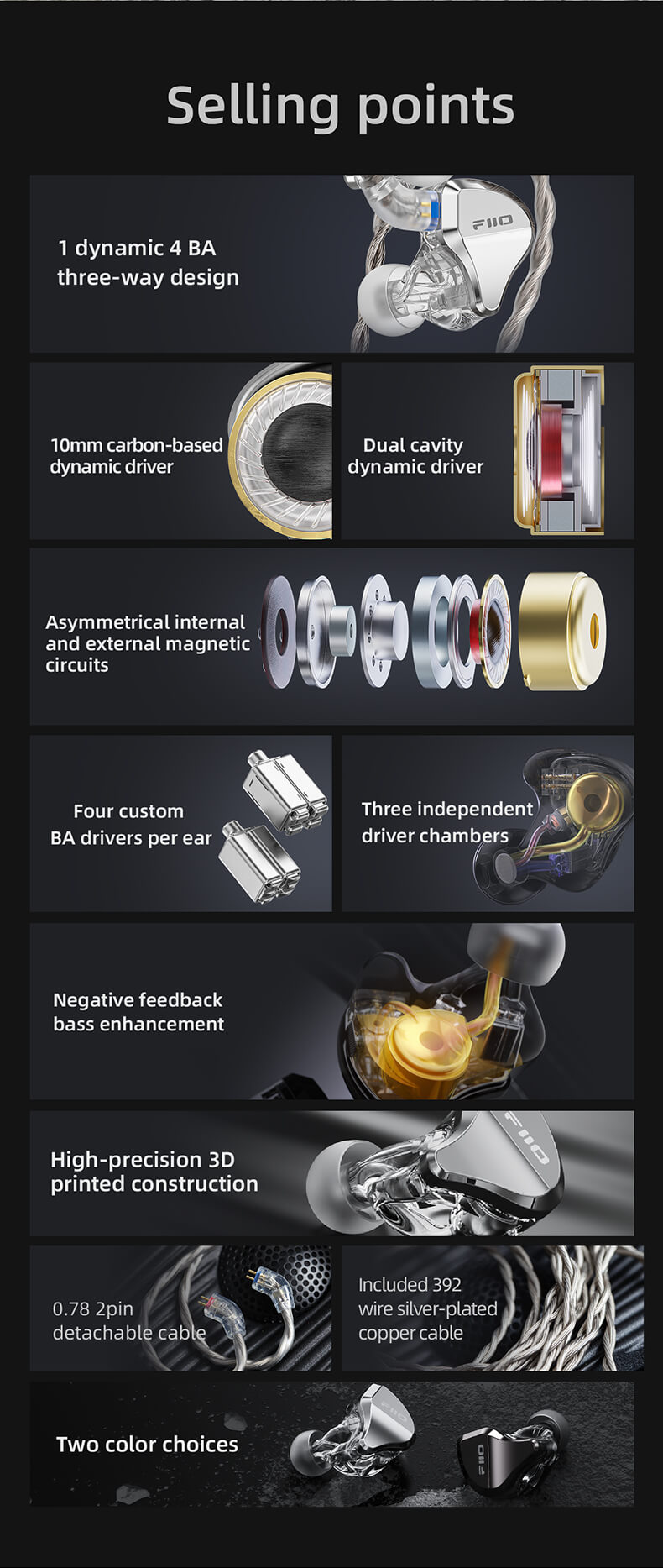 FiiO JH5 | Points de vente | Conception à trois voies 1 dynamique 4 BA | Haut-parleur dynamique à base de carbone de 10 mm | Haut-parleur dynamique à double cavité | Circuits magnétiques internes et externes asymétriques | Quatre haut-parleurs BA personnalisés par oreille | Trois chambres de haut-parleurs indépendantes | Amélioration des basses par rétroaction négative | Construction de haute précision imprimée en 3D | Câble détachable de 0,78 à 2 broches | Câble en cuivre argenté de 392 fils inclus | Deux choix de couleurs