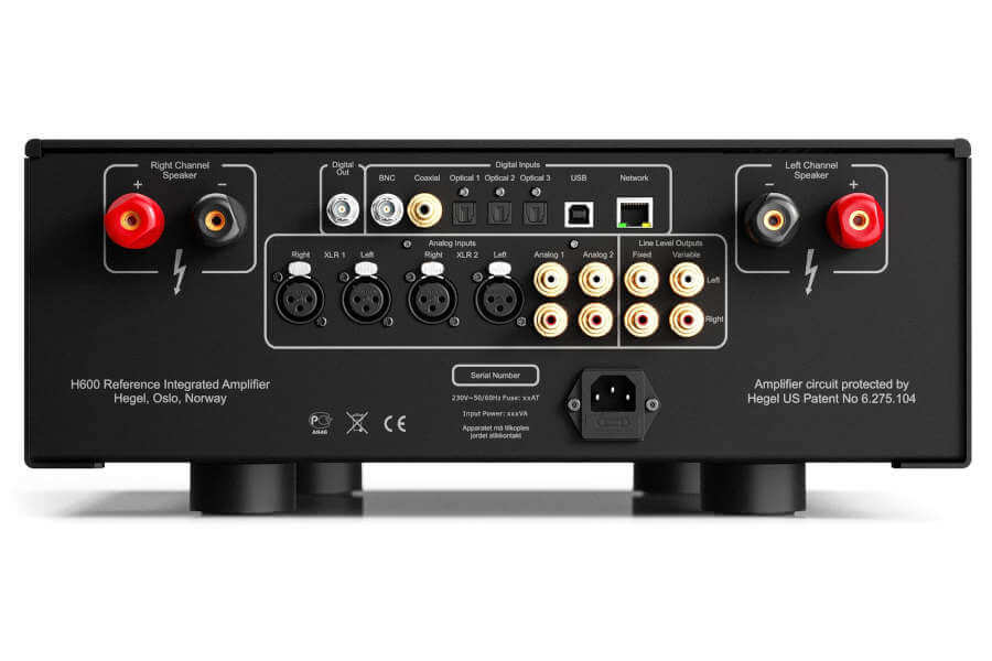 Vue arrière de l'amplificateur Hegel H600 et de sa connectique
