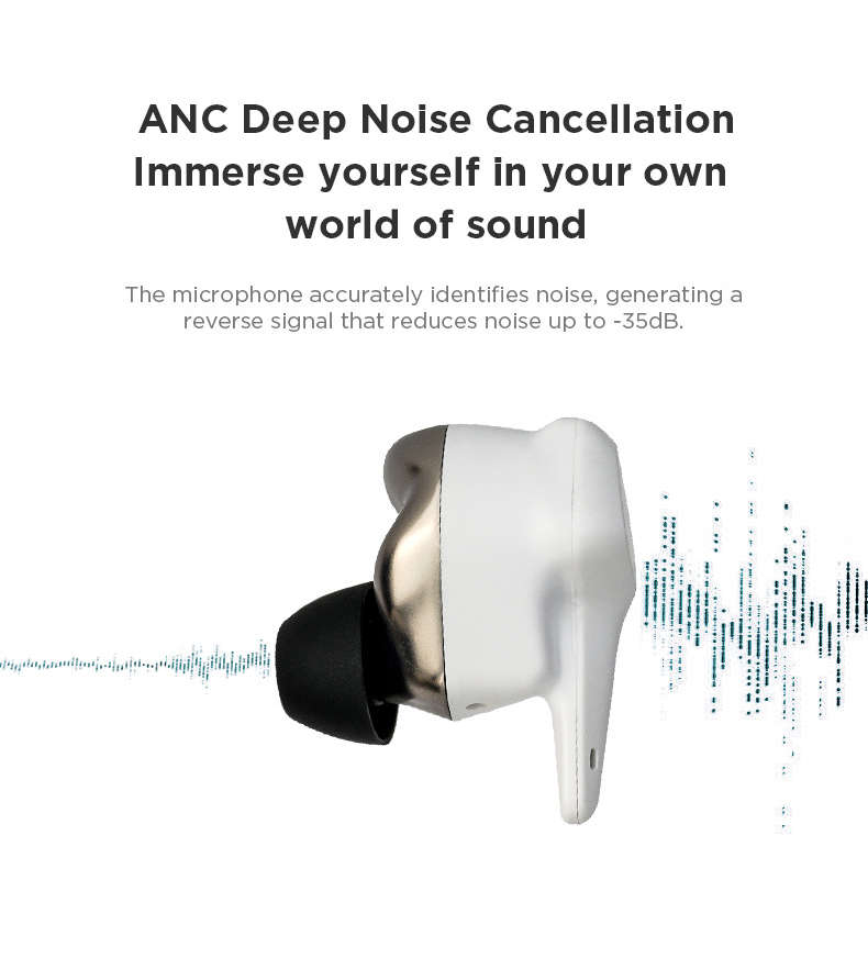 Immergez-vous dans votre propre univers sonore avec la ANC Deep Noise Cancellation. Le microphone identifie précisément le bruit, générant un signal inverse pour réduire le bruit jusqu'à -35dB.