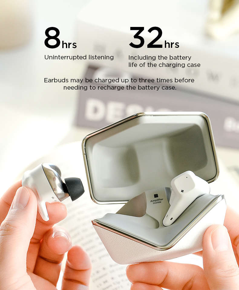 Profitez de 8 heures d'écoute ininterrompue, prolongées à 32 heures avec la durée de vie de la batterie de l'étui de chargement. Les écouteurs peuvent être rechargés jusqu'à trois fois avant de nécessiter une recharge de l'étui.