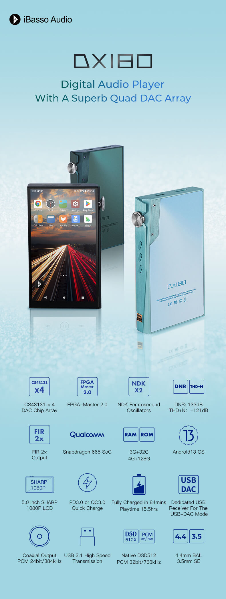 Lecteur audio numérique iBasso Audio DX180 avec un superbe ensemble Quad DAC comprenant une puce DAC CS43131 x4, FPGA-Master 2.0, des oscillateurs femtoseconde NDK et un Qualcomm Snapdragon 665 SoC. Points forts : écran SHARP 1080P de 5,0 pouces, charge rapide PD3.0 ou QC3.0, charge complète en 84 minutes avec une autonomie de 15,5 heures, transmission USB 3.1 haute vitesse, DSD512 natif, PCM 32 bits/768 kHz, sorties 4,4 mm BAL et 3,5 mm SE.