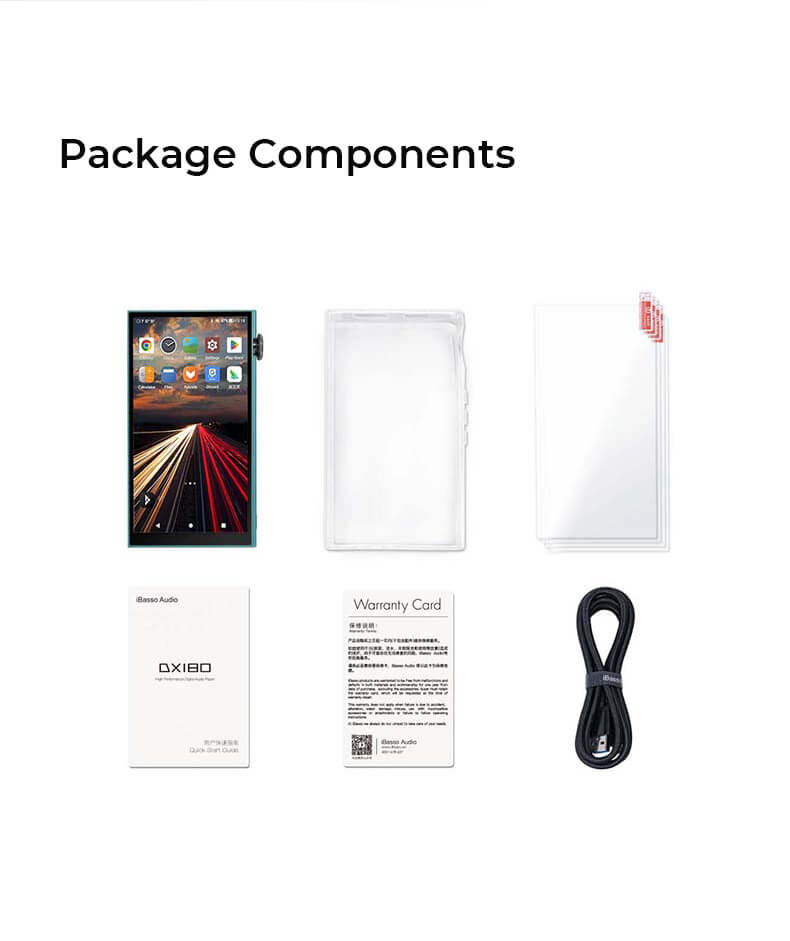 Composants du package. Inclus : lecteur DX180, câble USB-C, étui TPU, protecteur d'écran, carte de garantie, guide de démarrage rapide.