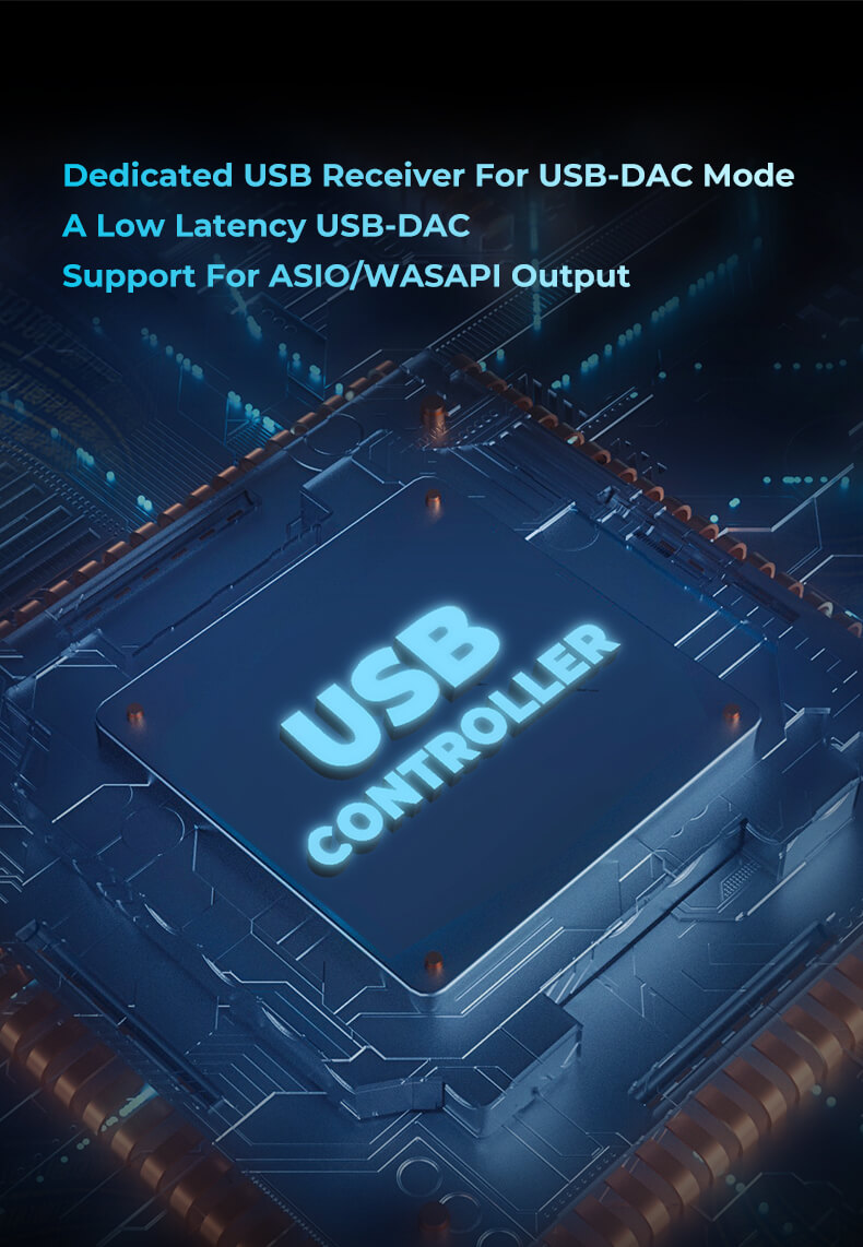 Récepteur USB dédié pour le mode USB-DAC, un USB-DAC à faible latence, support pour la sortie ASIO/WASAPI
