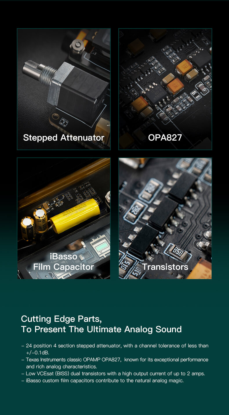 iBasso présente un atténuateur à gradins de 24 positions et 4 sections, avec une tolérance de canal inférieure à +/-0,1dB, pour une expérience sonore précise. Utilisant le classique OPA827 de Texas Instruments, reconnu pour ses performances exceptionnelles et ses caractéristiques analogiques riches, et des transistors doubles à faible VCEsat (BISS) offrant un courant de sortie élevé jusqu'à 2 ampères. De plus, des condensateurs à film personnalisés iBasso sont intégrés pour une reproduction sonore naturelle et immersive.