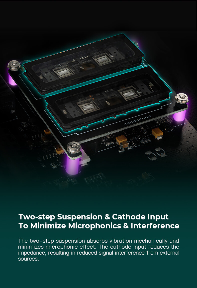 Le PB5 est équipé d'une suspension à deux niveaux pour absorber les vibrations et minimiser les effets microphoniques. De plus, son entrée cathodique réduit l'impédance, ce qui contribue à réduire les interférences du signal provenant de sources externes.