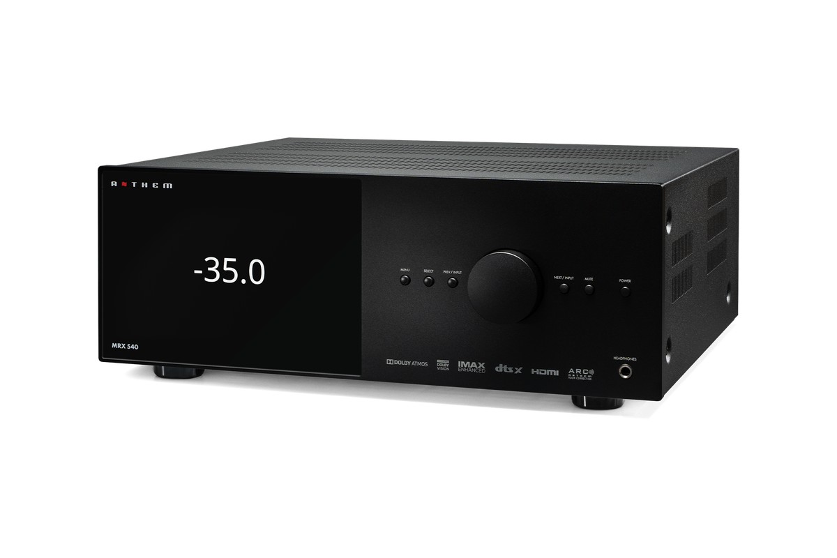 Anthem MRX 540 8K seen from the front three-quarter, black front panel with display and controls