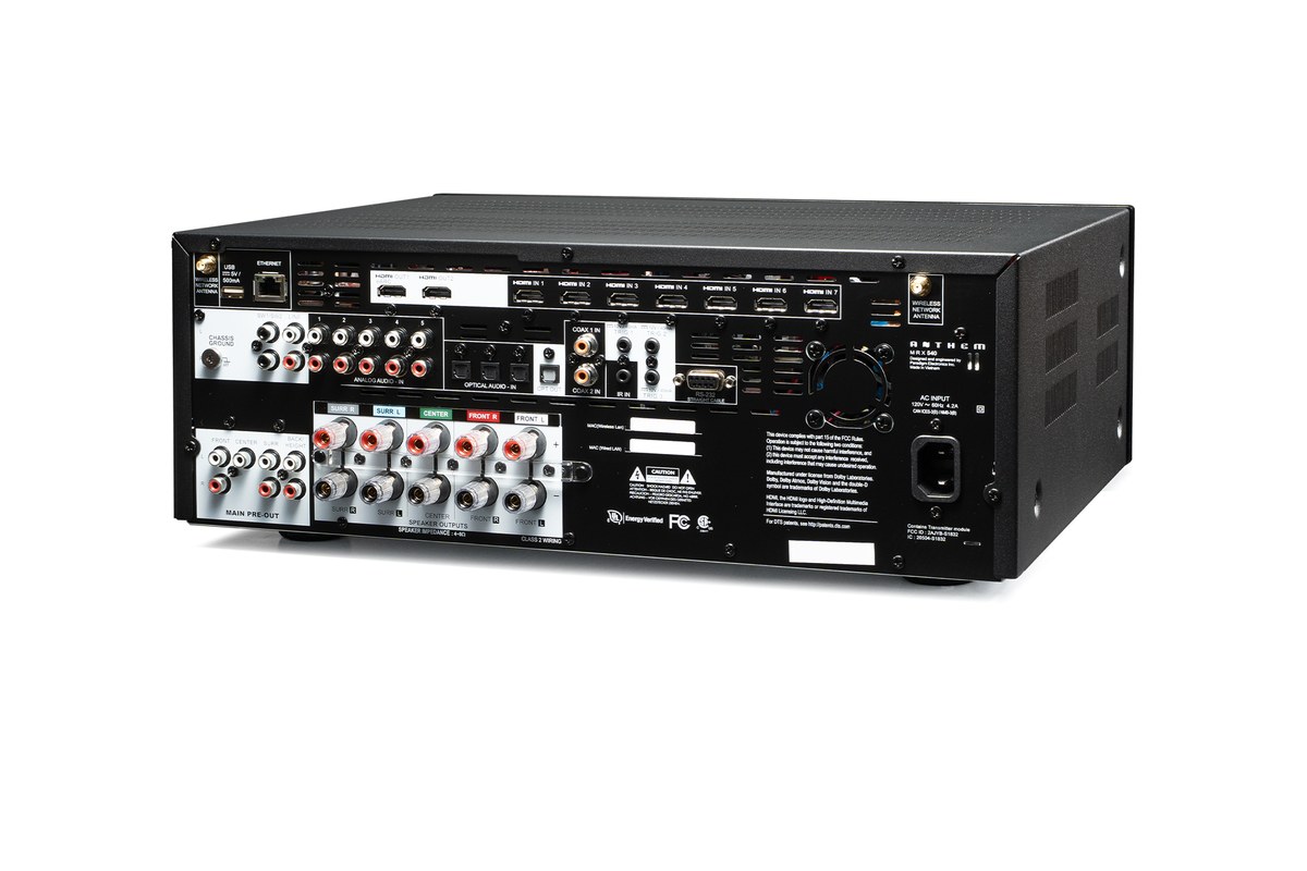 Rear panel of the receiver with speaker terminals, inputs and outputs