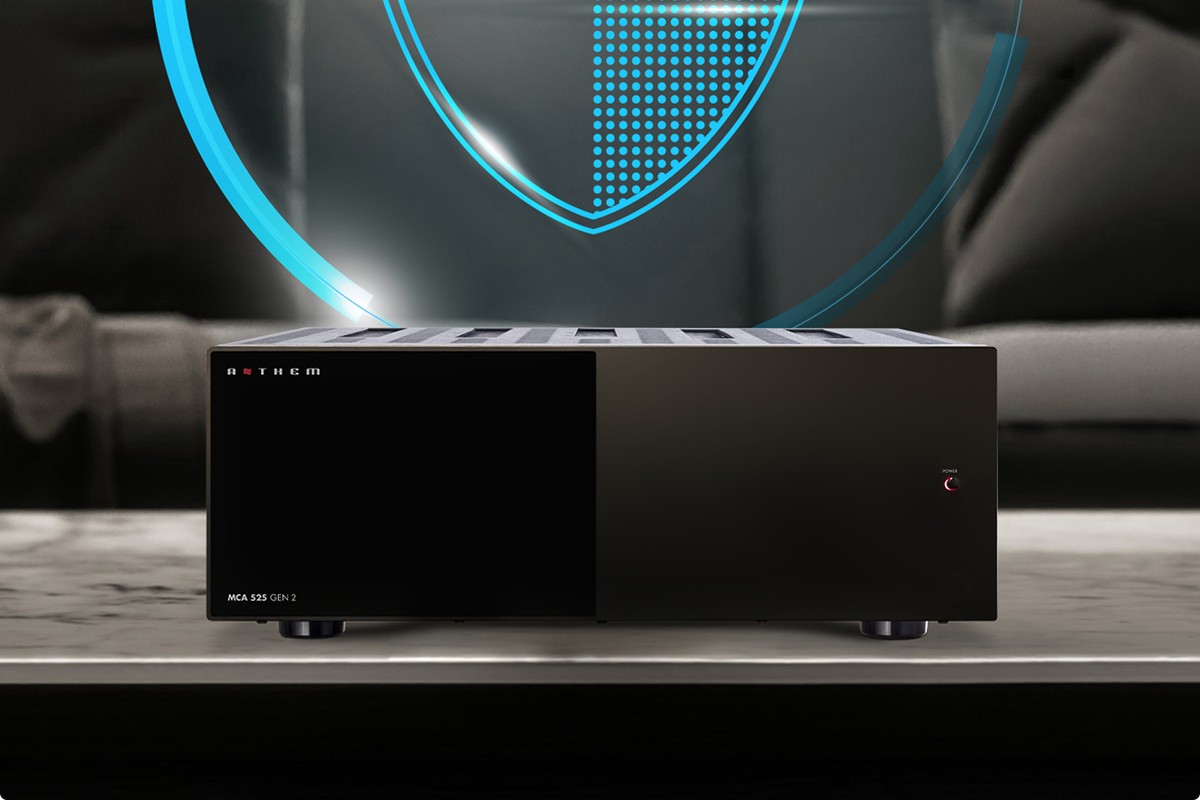 Power amplifier on a marble top in front of a glowing shield symbolising ALM protection