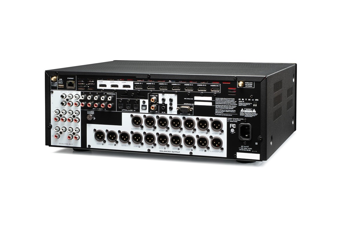 A/V processor seen from the rear three-quarter, with its HDMI inputs, RCA jacks and XLR outputs