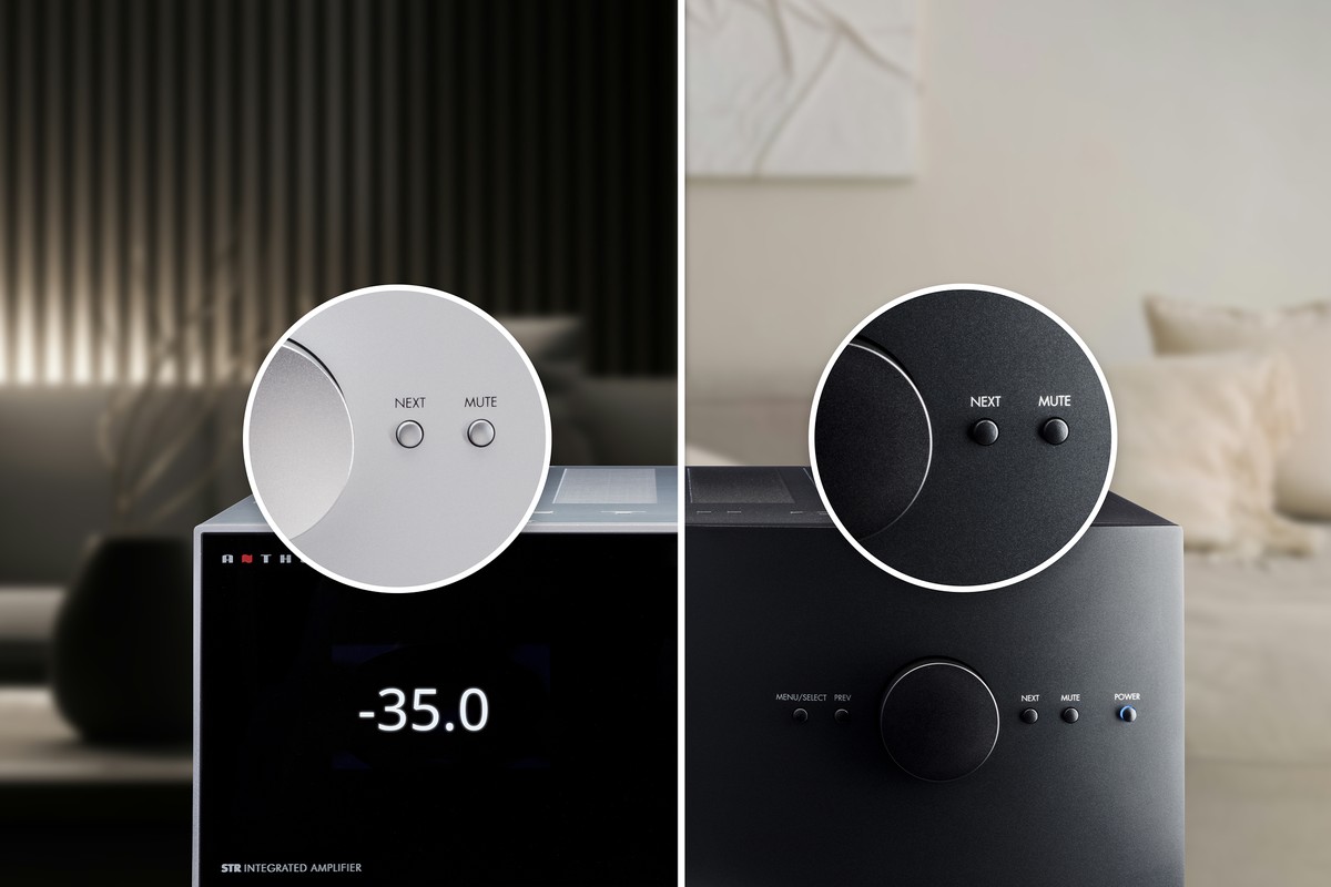 Frontali in finitura Silver e in finitura Black affiancati davanti a un soggiorno, con ingrandimento dei tasti Next e Mute