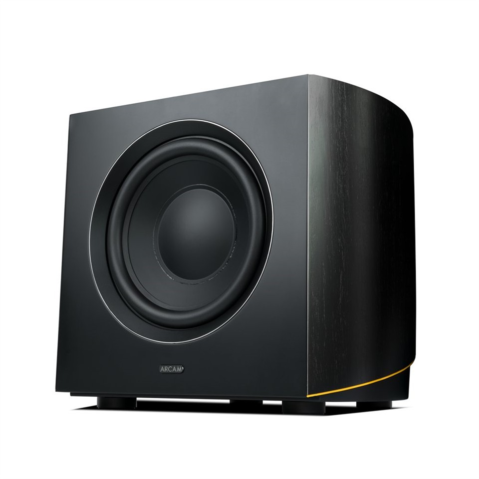 Détail du woofer 250 mm de l'ARCAM R25B avec sa suspension et sa cage aluminium