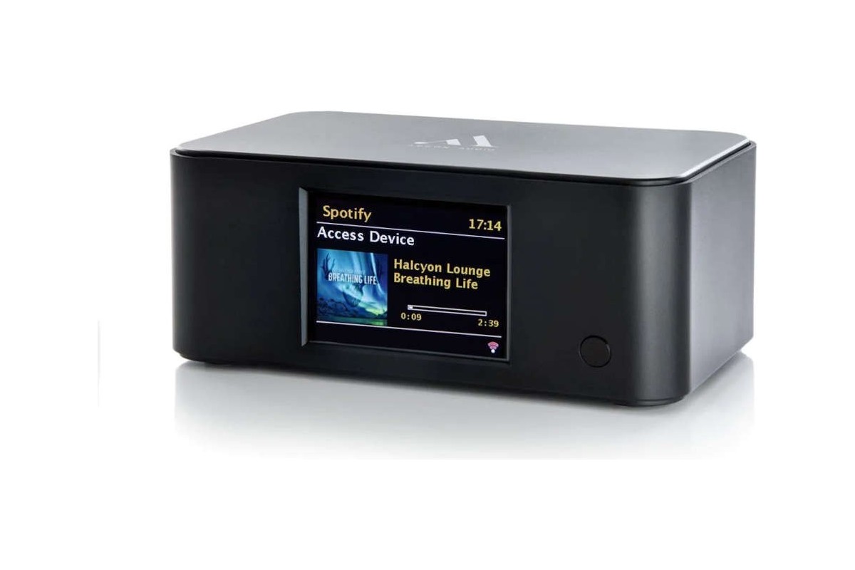 Streamer nero visto di tre quarti, display a colori con Spotify