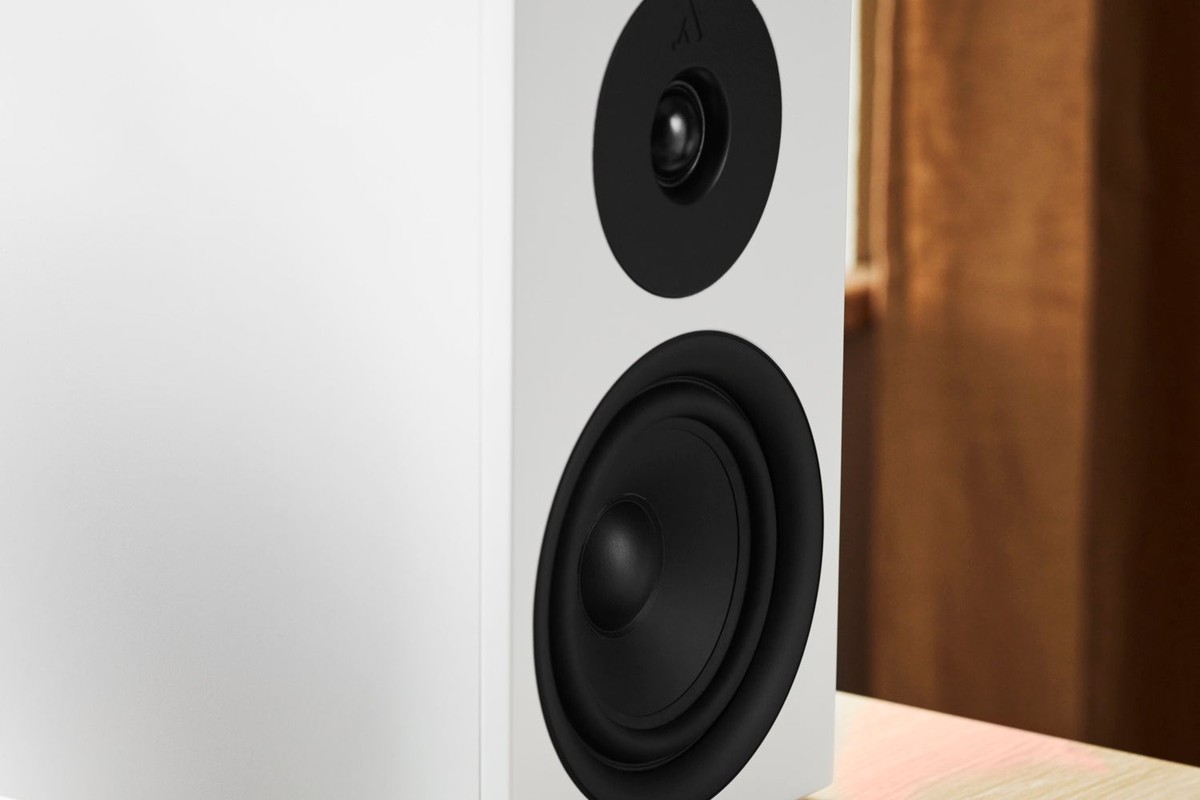 Primo piano di un diffusore bianco con tweeter e woofer