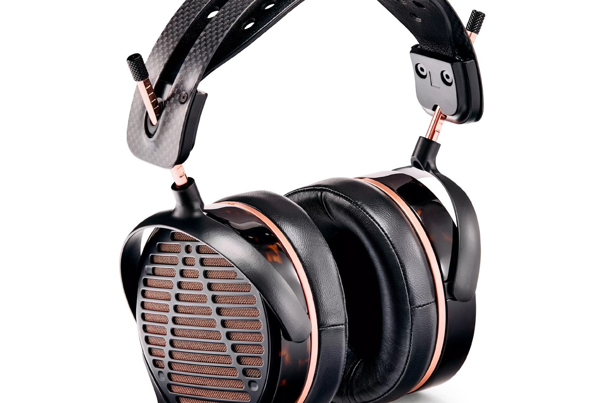 Audeze LCD-5s, three-quarter view, copper grille and tortoiseshell earcups
