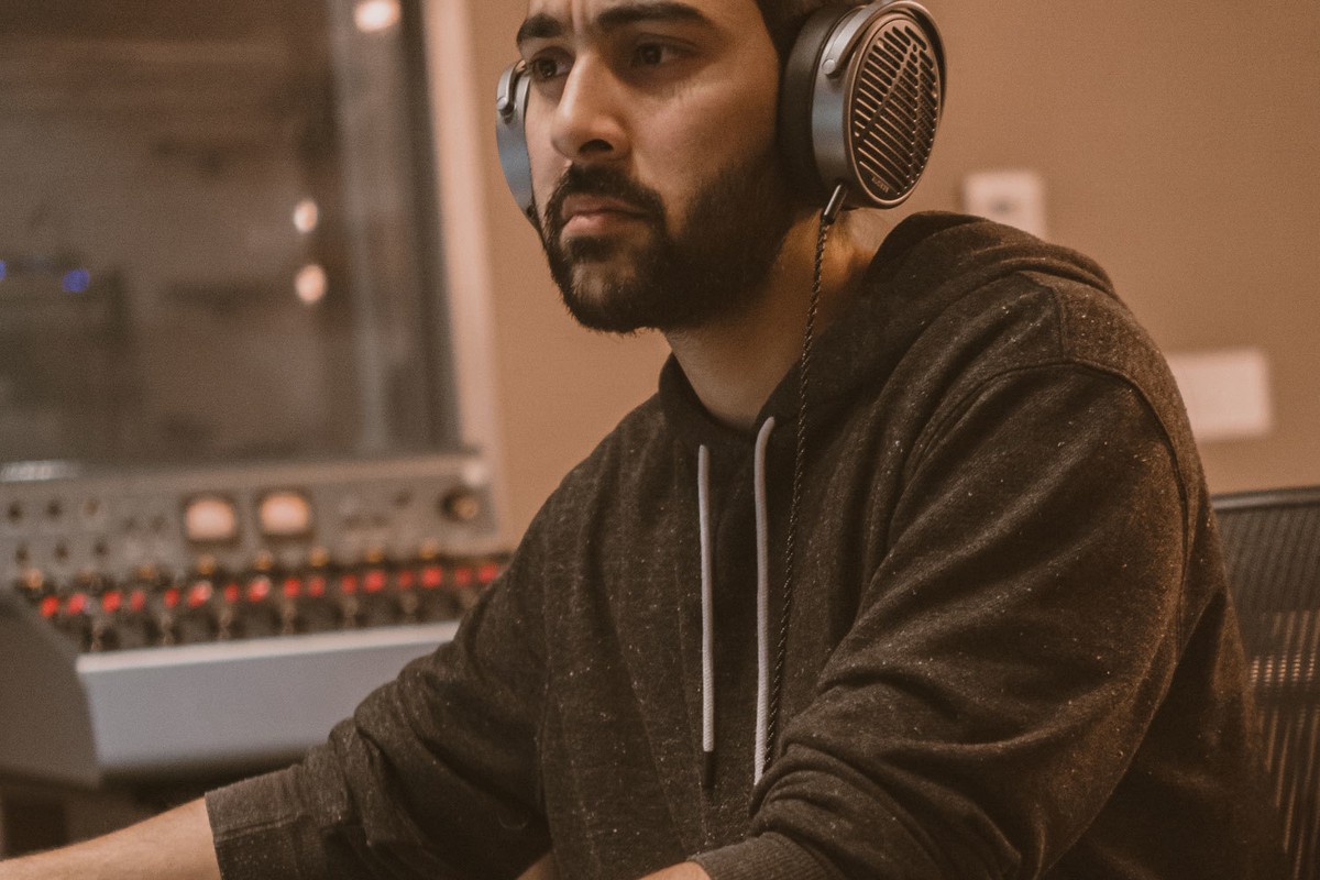 Headphones worn in a recording studio