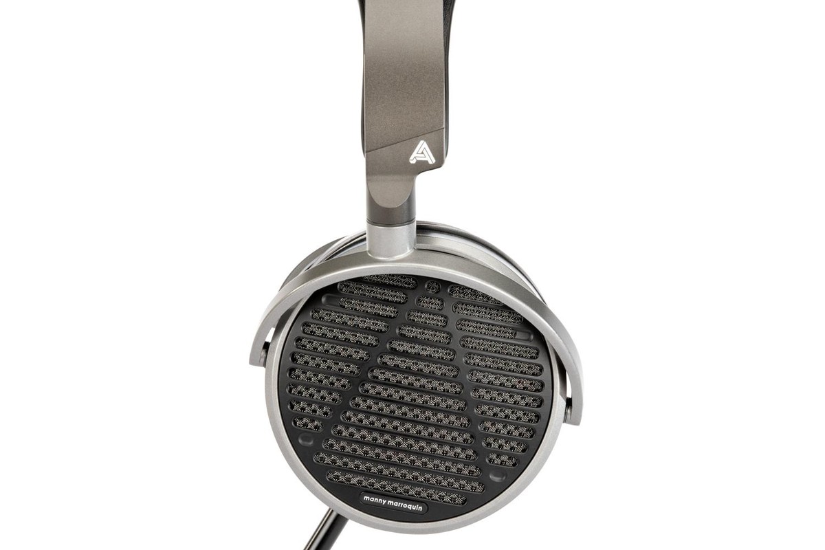 Headphones seen in profile, steel headband
