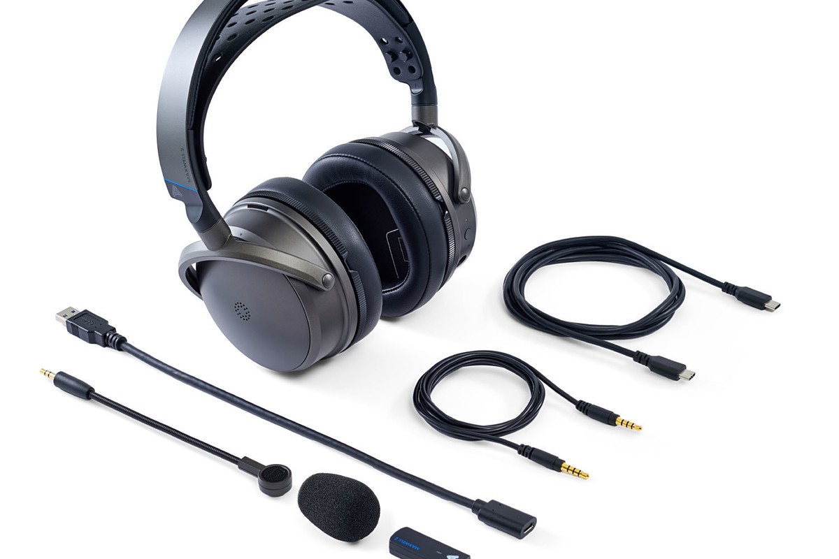 Included accessories: detachable microphone, USB-C and jack cables, wireless dongle