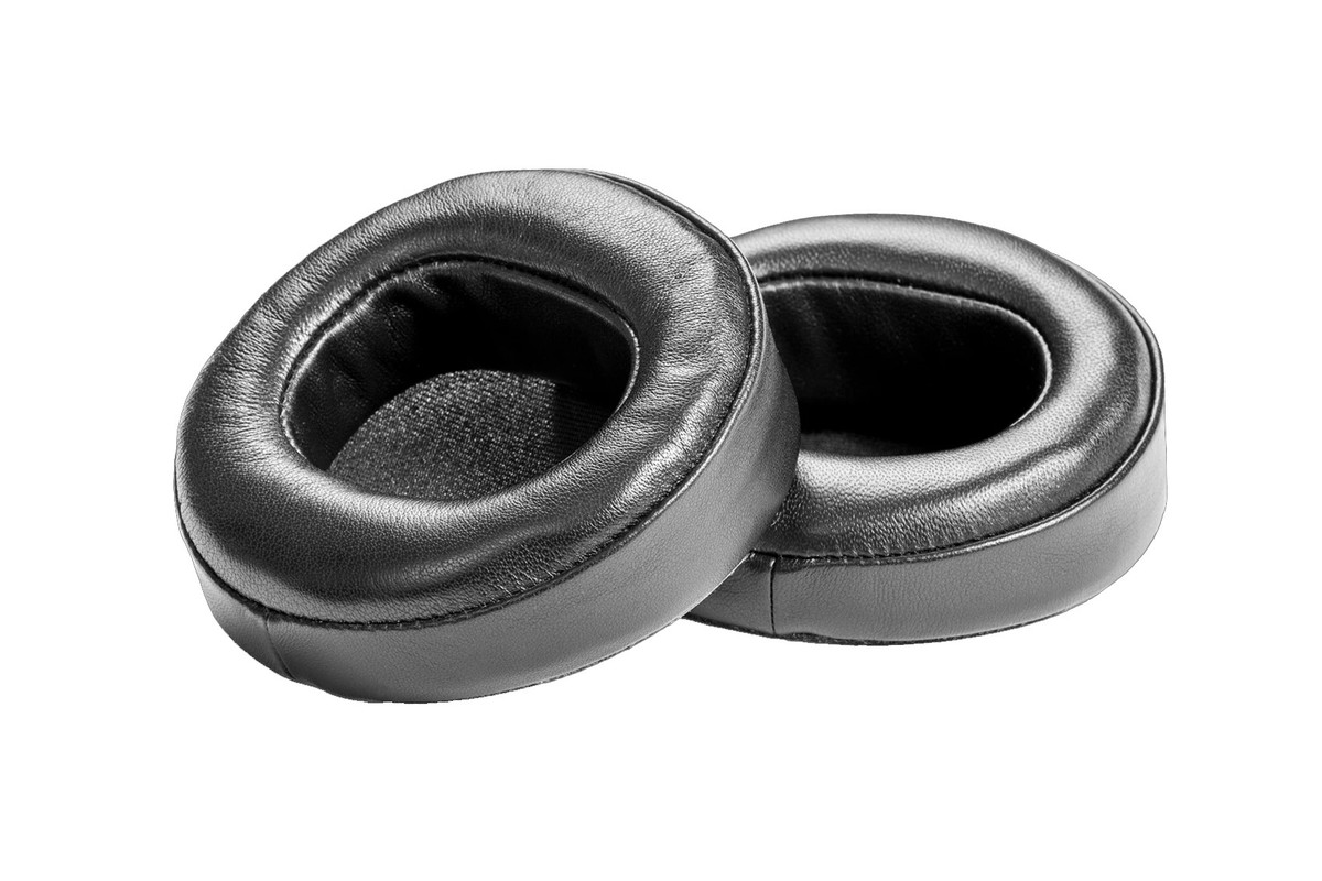 Pair of leather ear pads on a white background