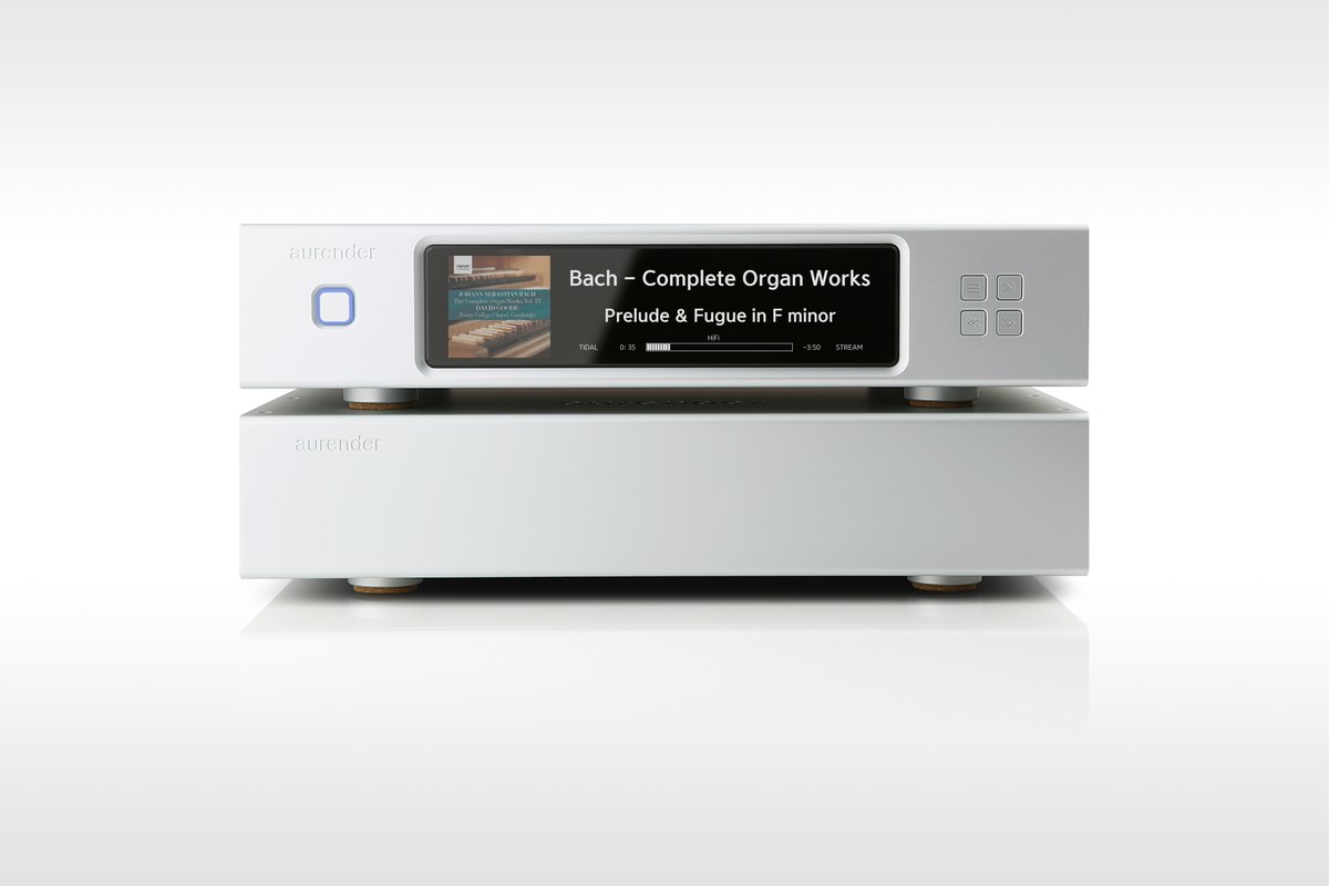 Aurender N30SA network server in silver, its two chassis stacked and seen from the front