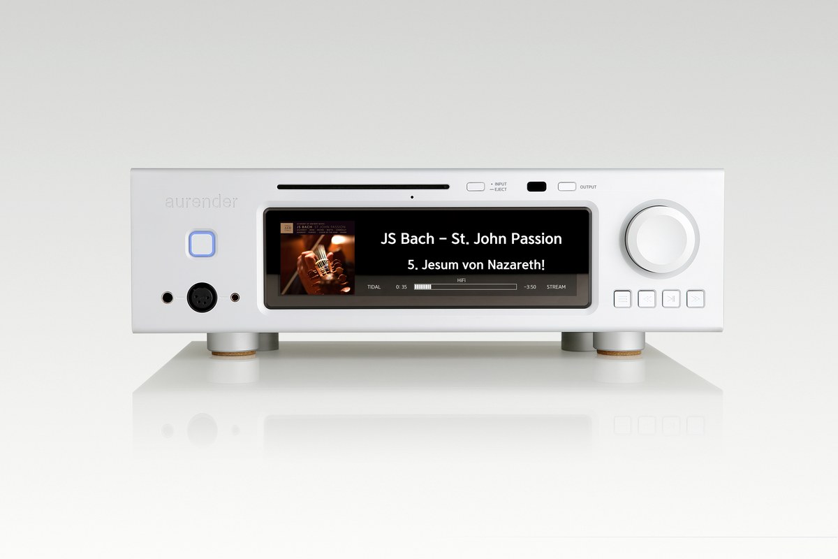 Aurender A30 music server in silver, front panel and colour screen