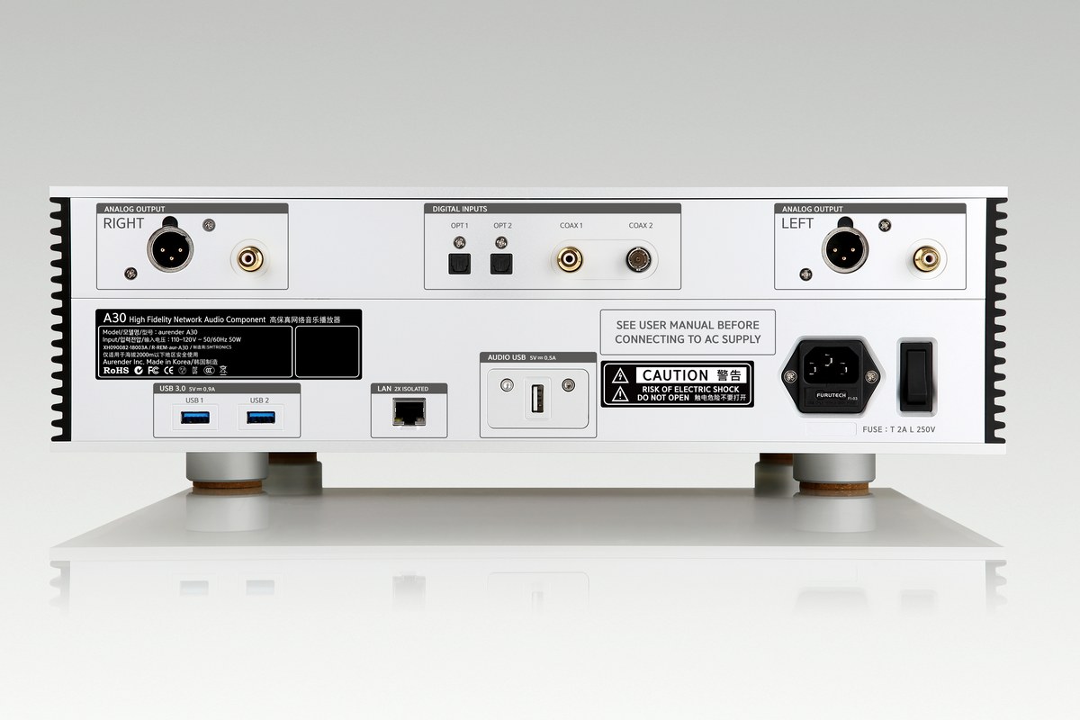 Rear panel: XLR and RCA sockets, network port and power inlet