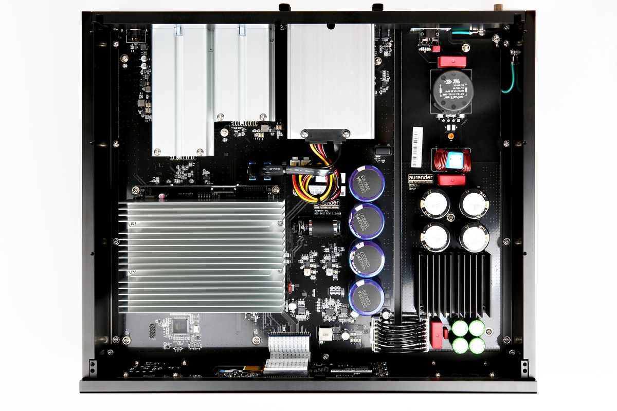 Interior of one chassis: heat sinks, capacitors and boards