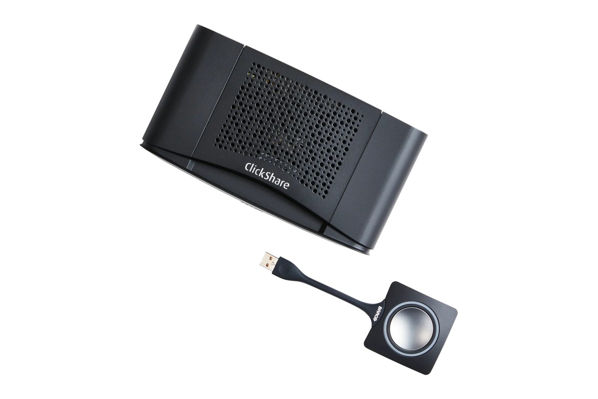 Black ClickShare Base Unit seen from above, with a USB Button in front