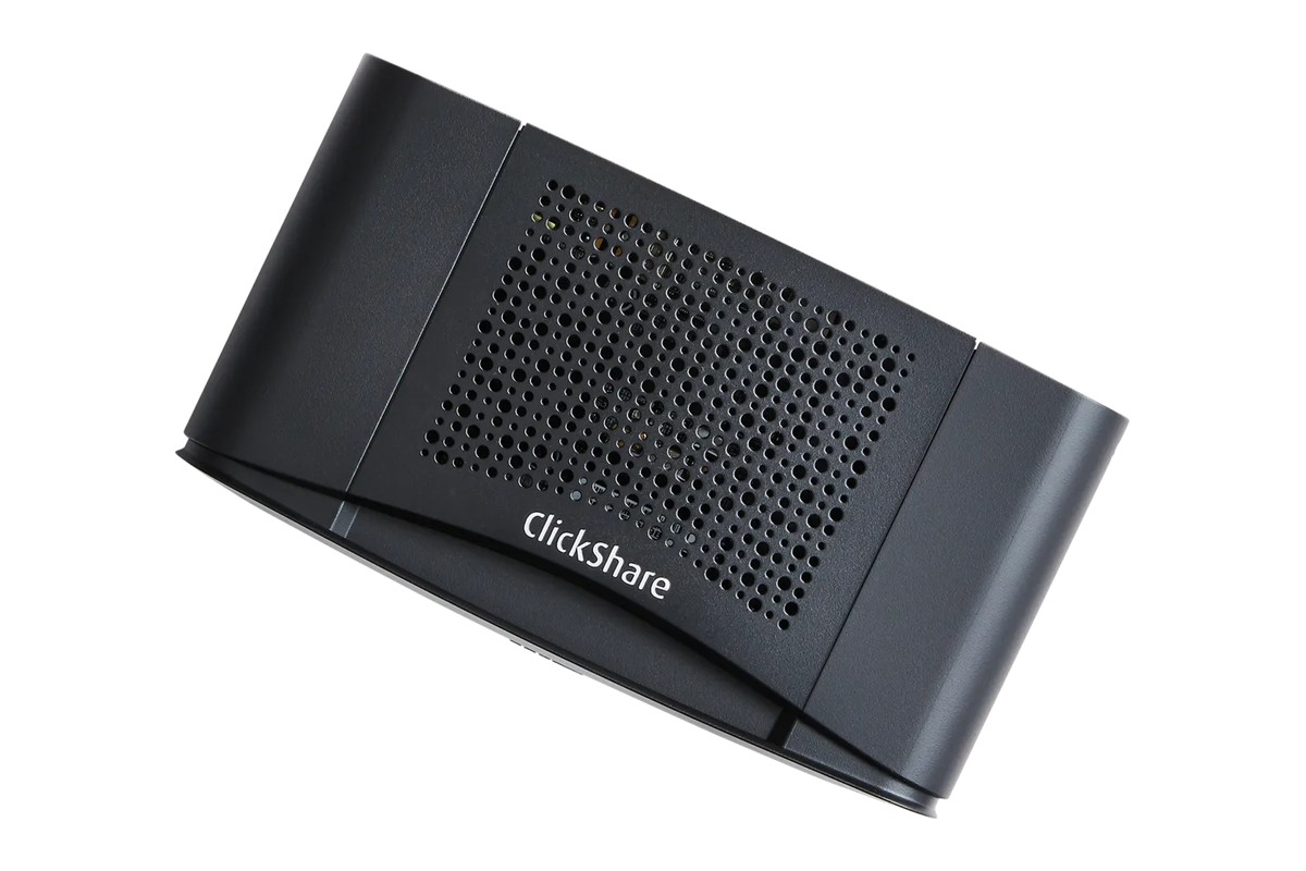 Base Unit ClickShare noire vue de dessus, grille d'aération et logo