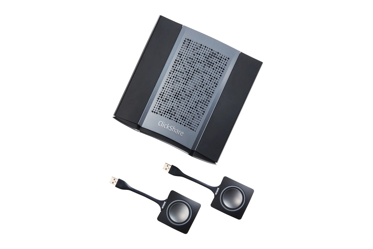 Base Unit ClickShare plate gris argent vue de dessus, avec deux Buttons USB