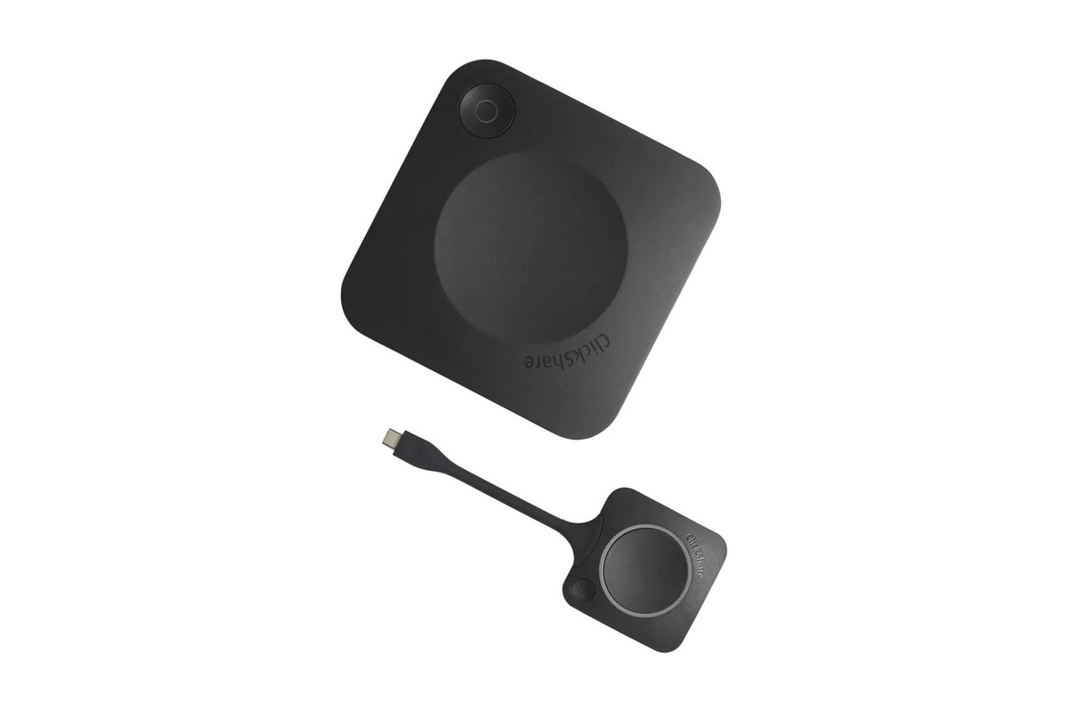 Base ClickShare CX-20 noire vue de dessus avec son ClickShare Button