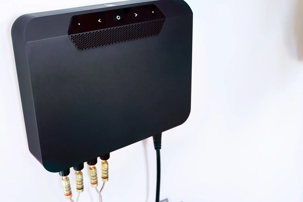 Rear view of the unit fixed to a wall, terminals and cables visible