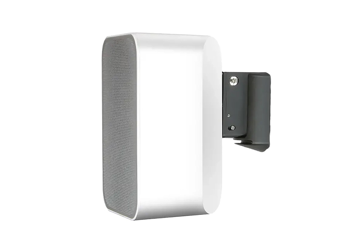 Support noir portant une enceinte blanche, vue de face