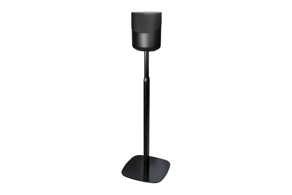 Black stand topped by a cylindrical speaker, overall view
