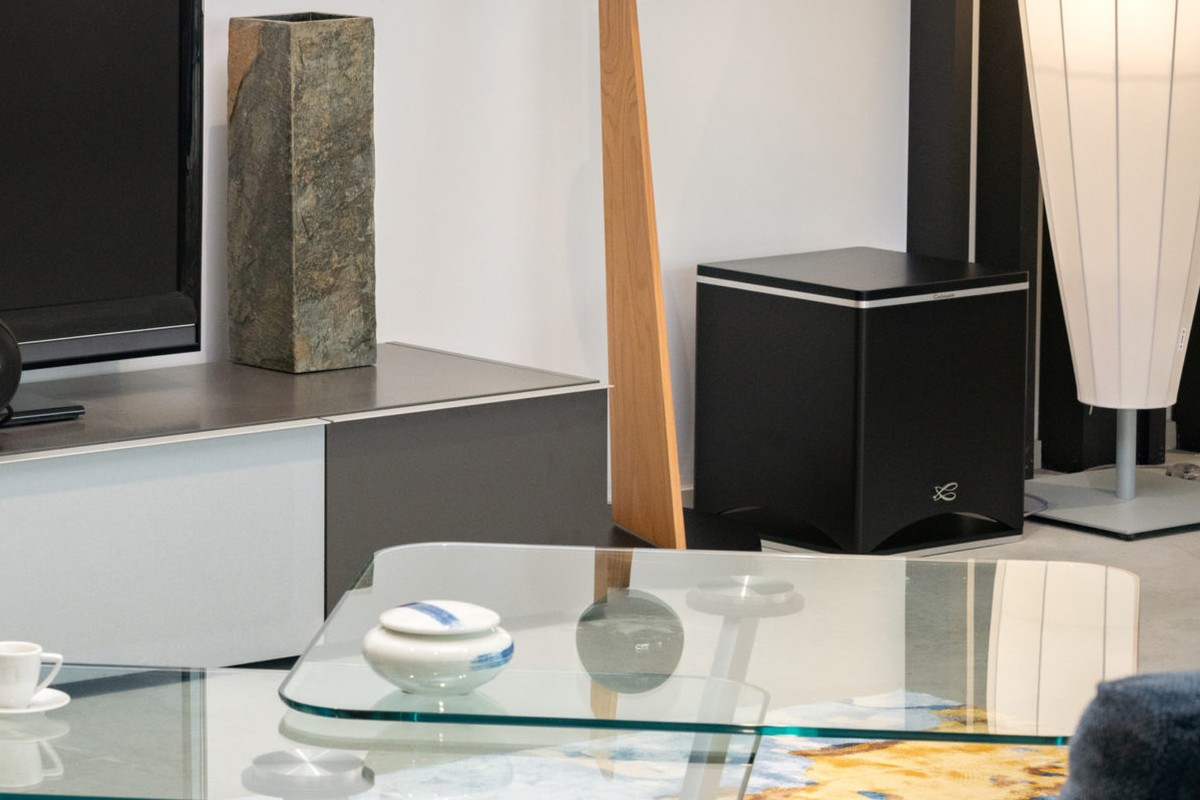 Caisson noir cerclé d'aluminium au fond d'un salon, près d'une table basse en verre