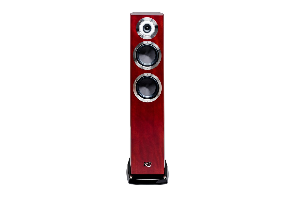 Gloss mahogany version seen from the front, three drivers and black plinth