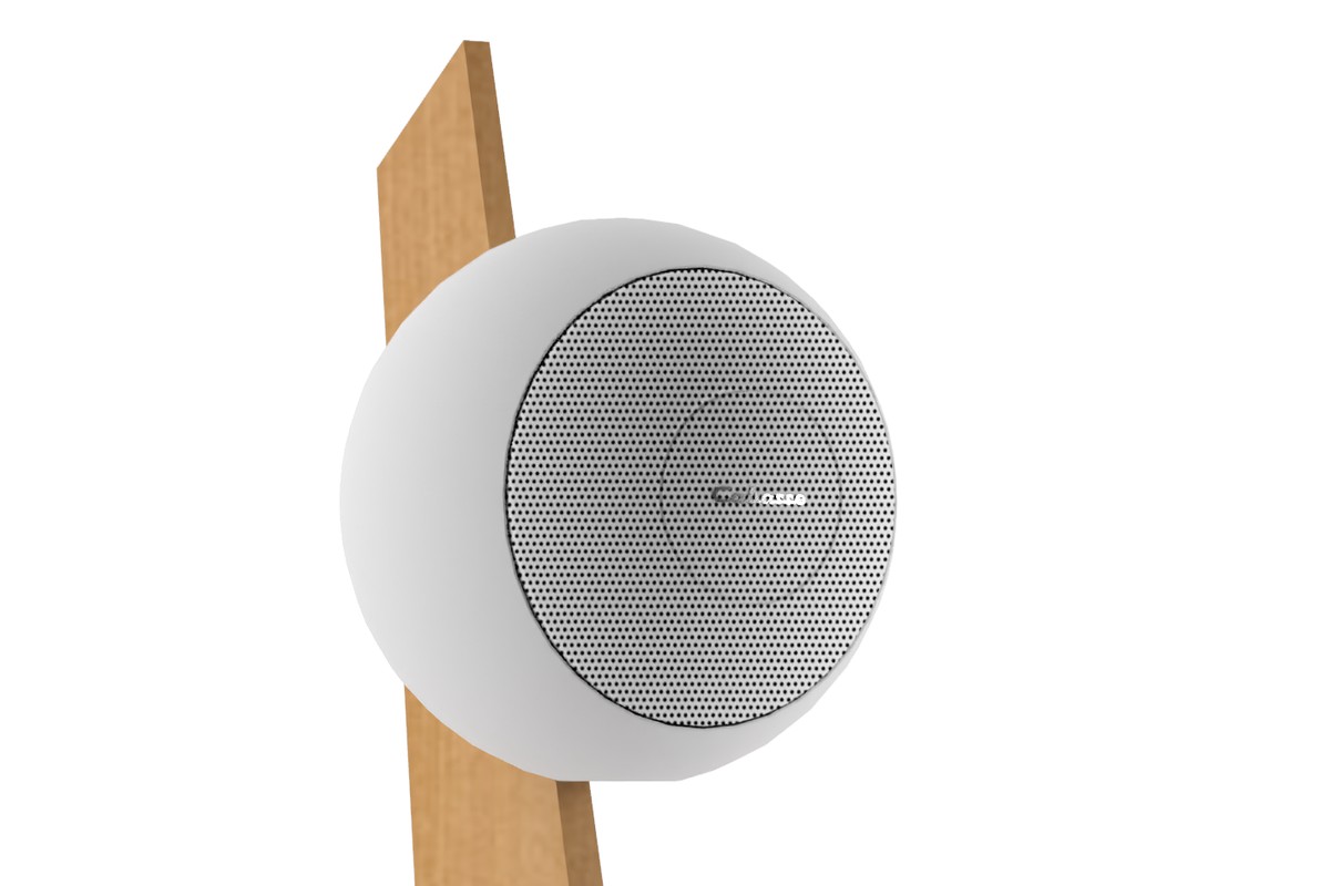 Sphère blanche à grille métallique fixée en haut de la lame en chêne