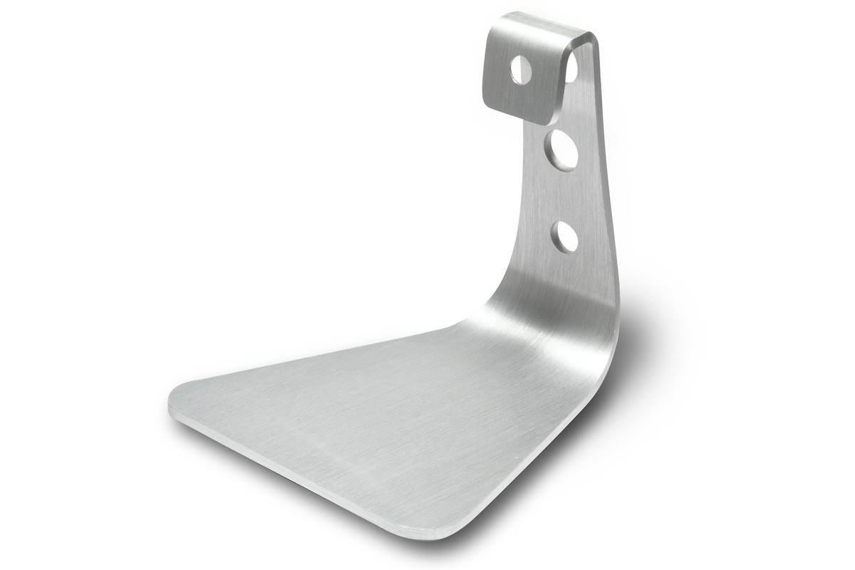 Minx brushed aluminium table stand seen from three-quarters