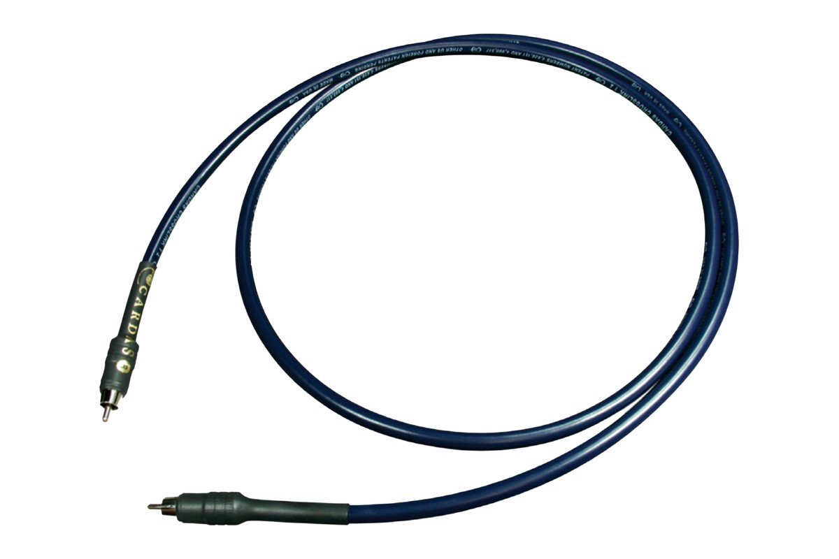 Câble de modulation bleu nuit enroulé, terminé par une fiche RCA