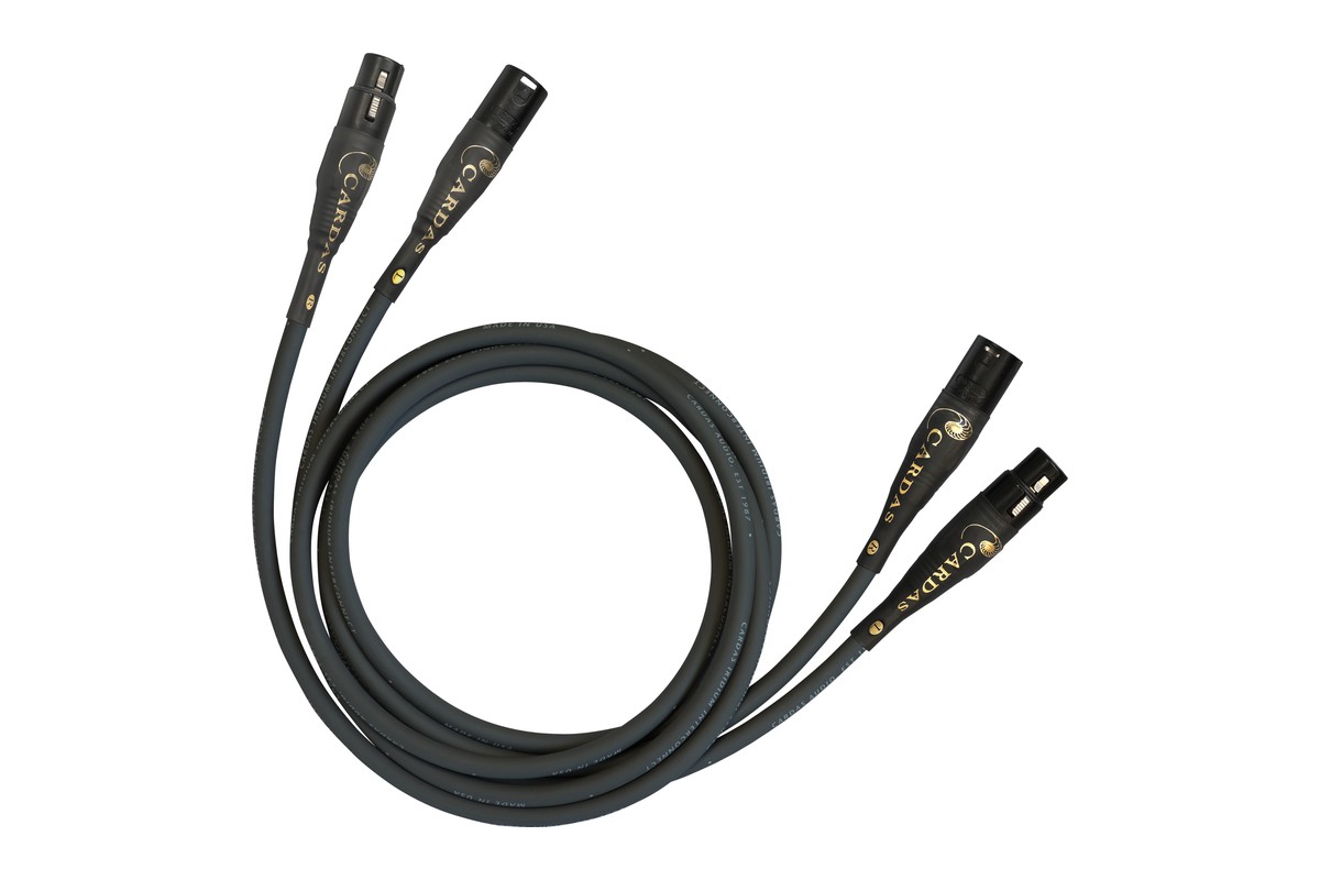 Pair of Cardas Iridium interconnect cables with XLR connectors, black jacket coiled up