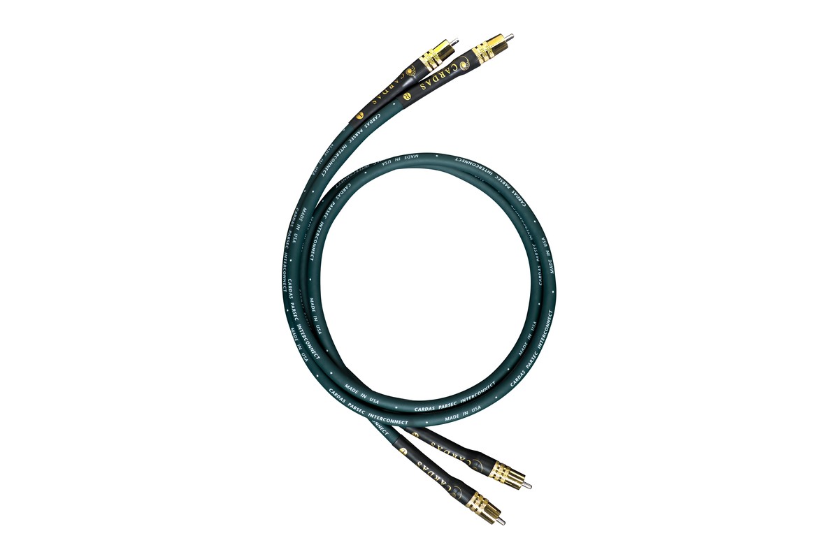 Pair of Cardas Parsec interconnect cables with gold-plated RCA plugs, dark green jacket