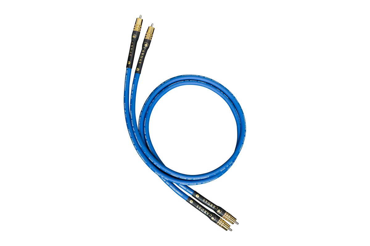 Pair of Cardas Clear Sky interconnect cables with RCA plugs, blue jacket coiled up