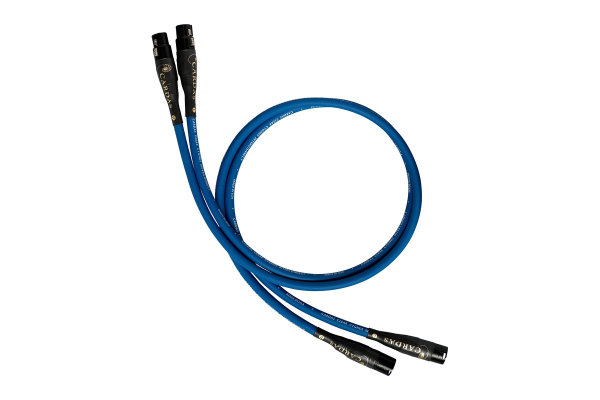 Pair of Cardas Clear Cygnus interconnect cables with XLR connectors, blue jacket coiled up