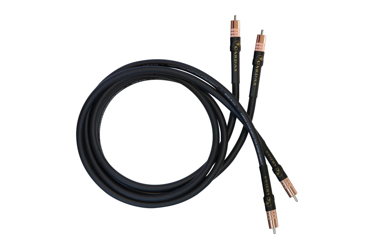 Pair of Cardas Clear Reflection interconnect cables with copper-coloured RCA plugs, black jacket coiled up