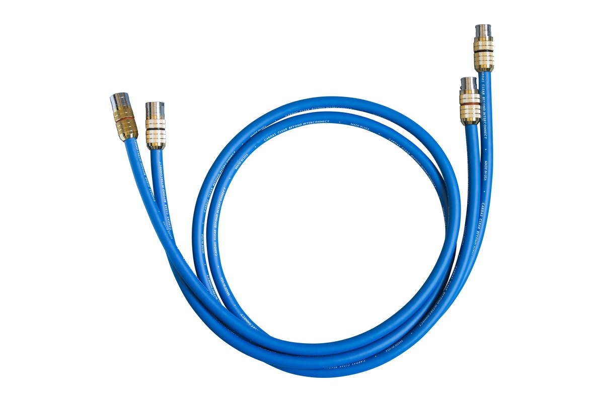 Pair of Cardas Clear Beyond interconnect cables with CG XLR plugs, blue jacket coiled up