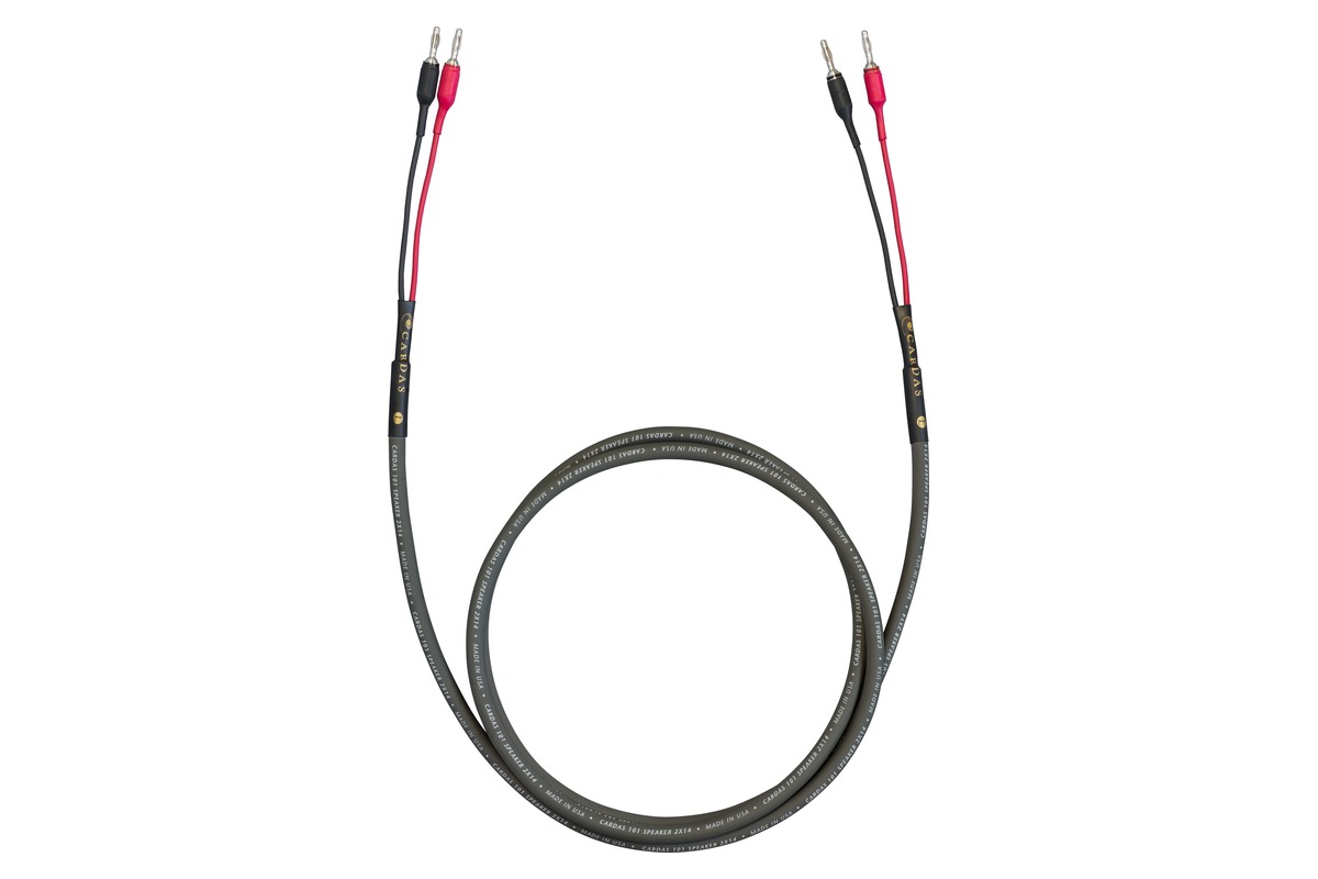 Graues Lautsprecherkabel Cardas 101 Speaker aufgerollt, mit roten und schwarzen Bananensteckern