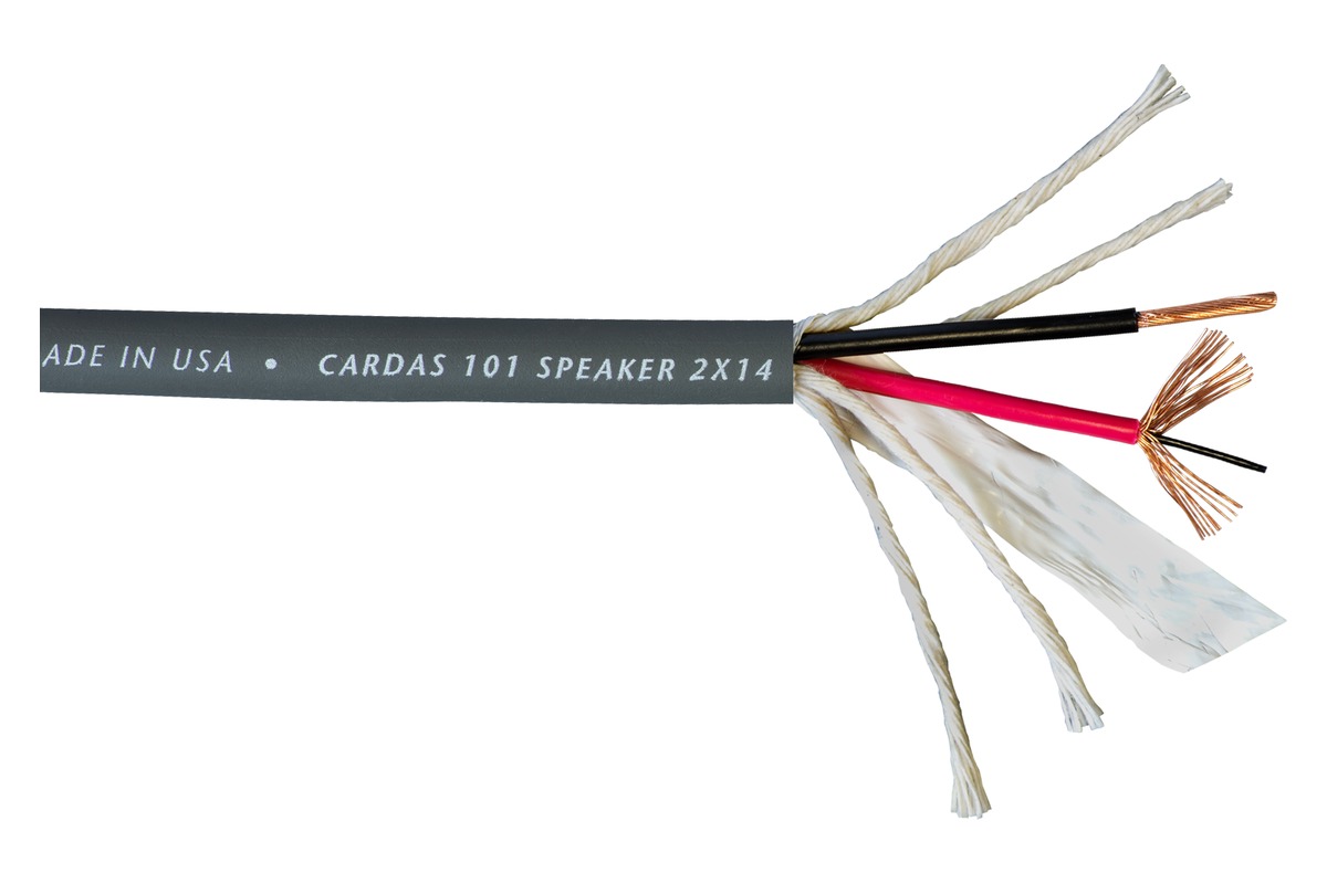 Kabelquerschnitt: zwei Kupferleiter, Baumwollfüllung und flexibler grauer Mantel