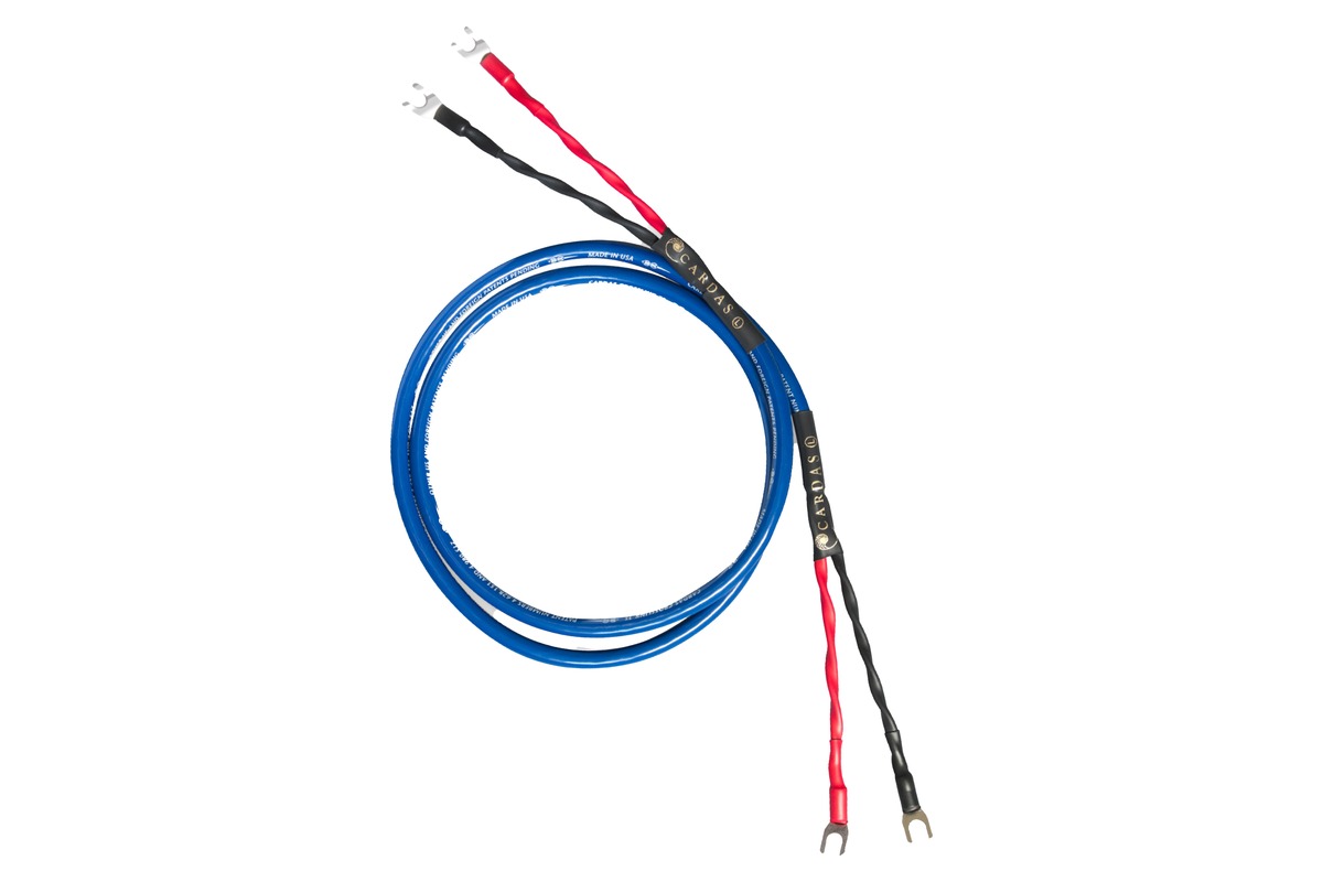 Blue Cardas Crosslink speaker cable coiled, terminated with spade lugs