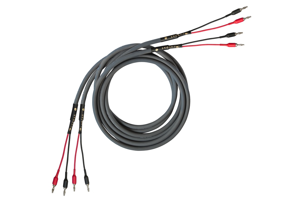 Grey Cardas Iridium speaker cable coiled, four banana plugs at each end
